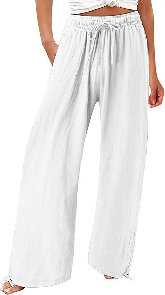 Summer Casual Loose Beach Pants Women's Wide Leg Pure Color Rope Detailing Long Trousers Comfortable Loose Fit Beachwear