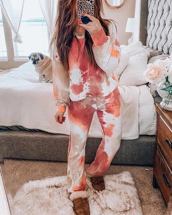 Watermelon Tye Dye Elastic Waist Crew Neck Suit Loungewear
