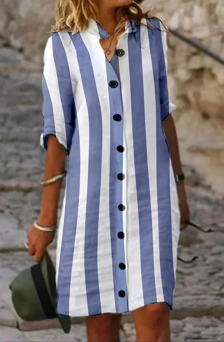 Stripe Plain Cotton Casual Dress