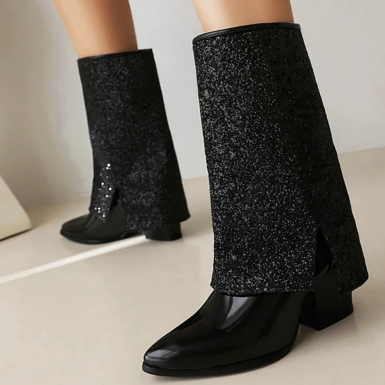 Glitter Sequin Fold Pull On Chunky Heels Mid Calf Boots