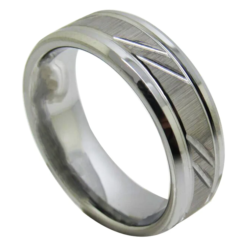 Sliver Couple Tungsten Wedding Rings With Chamfered Grooves On Both Sides And Inclined Groove In The Middle Bands