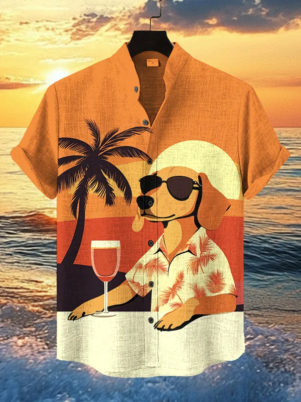 Men's Dachshund Dog Vacation Seaside Sunrise Sunset Art Print Casual Shirt