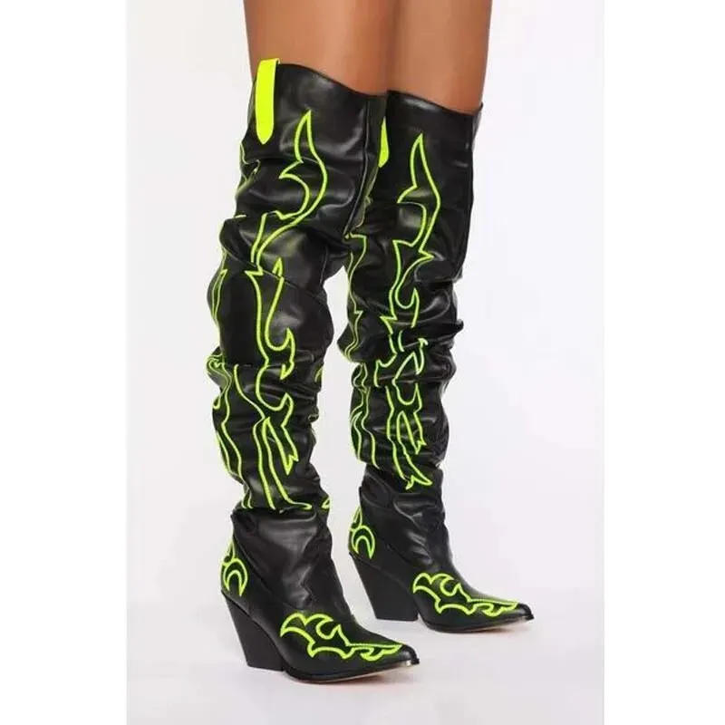 VCSHOES Female Neon Flame Embroidery Chunky Heels Thigh Boots Blue White Leather Pointed Toe Punk Over The Knee Boots