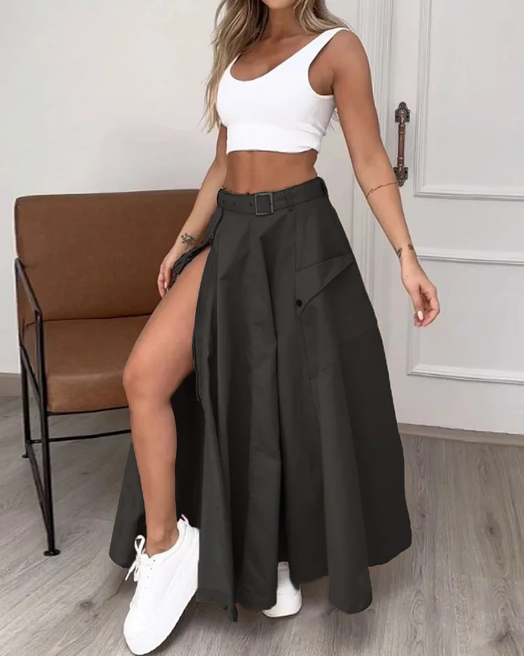 Sleeveless solid color slit two piece set