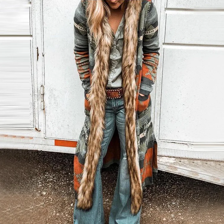 Western Style Retro Fur Collar Long Cardigan Jacket