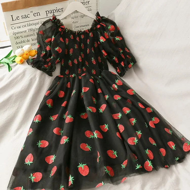 Strawberry Print High Waist Mesh One Shoulder Mesh Dress