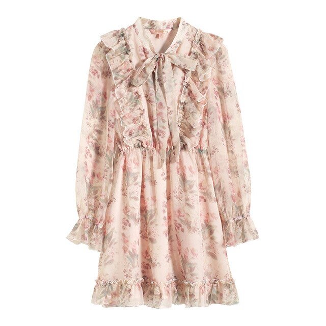 Sweet Floral Bow Ruffle Chiffon Lace up Elegant Dress BE296