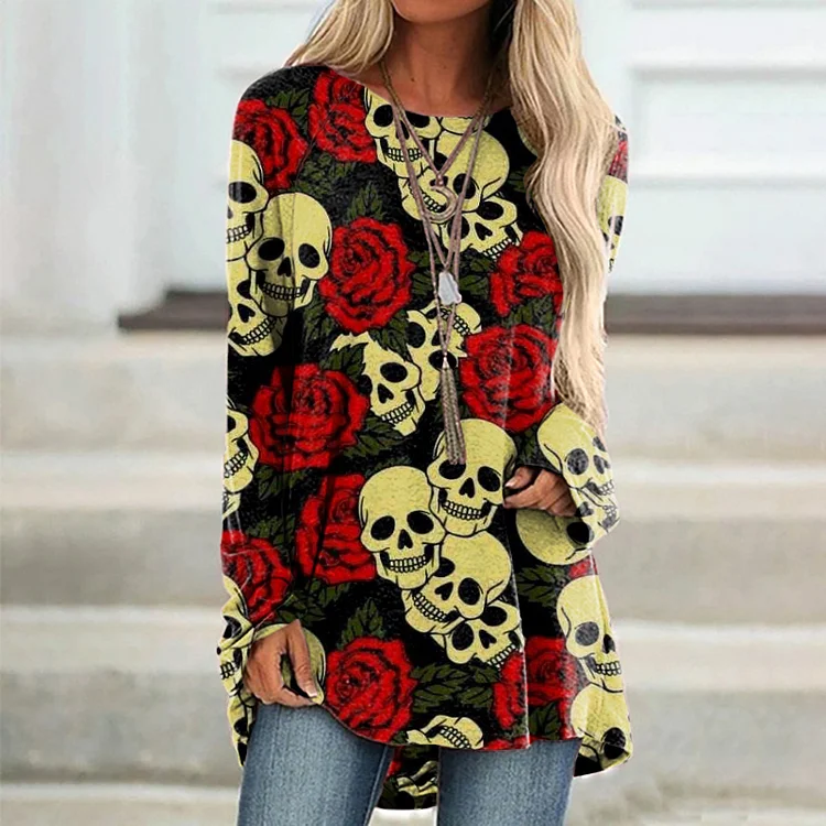 Vefave Rose Skull Print Long Sleeve Tunic