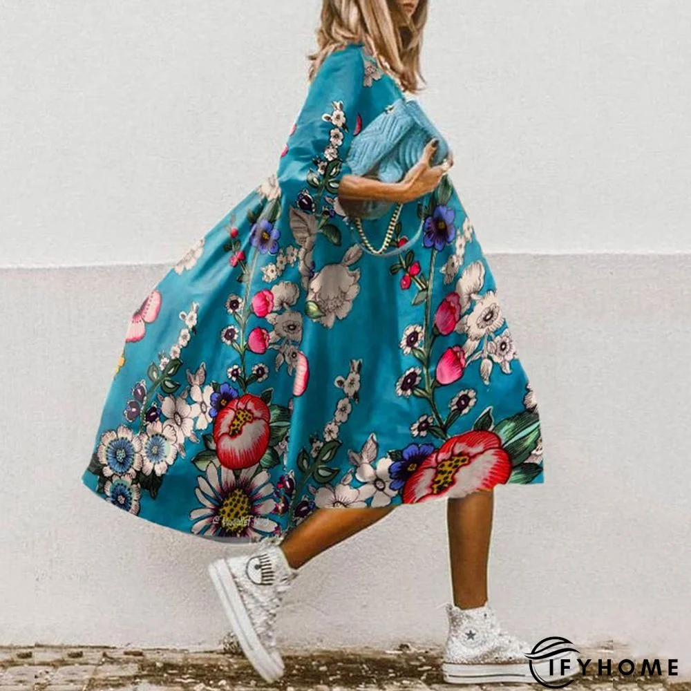 Fashionkova   2022 Summer Women Loose Floral Print Midi Dress Vintage Half Sleeve O Neck Elegant Casual Boho Beach Party Dresses Vestidos New | IFYHOME