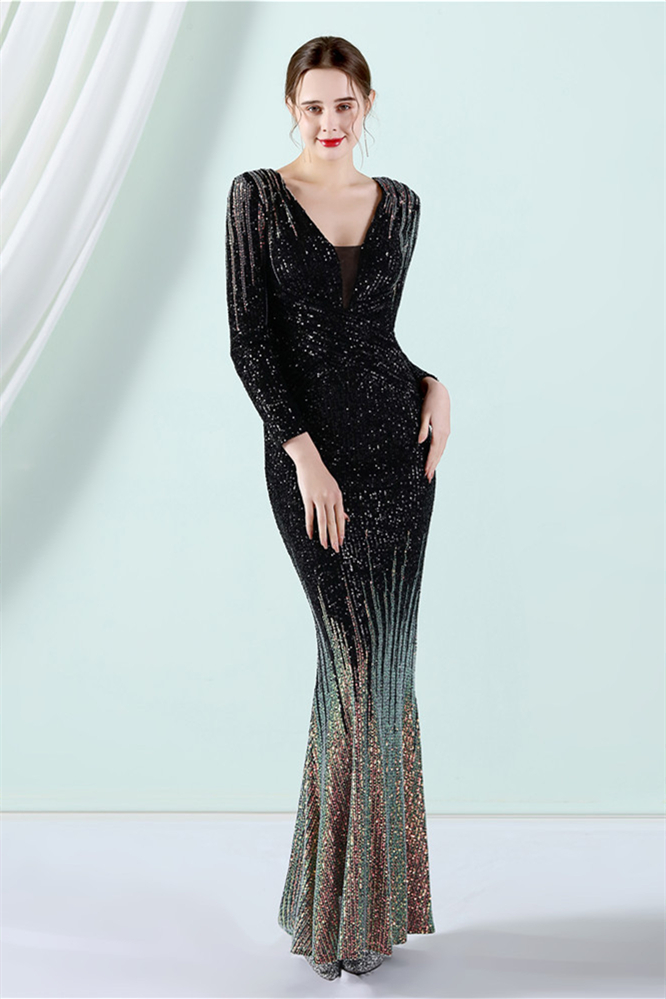 Dresseswow Ombre Sequins Long Sleeves Evening Gowns Mermaid V-Neck