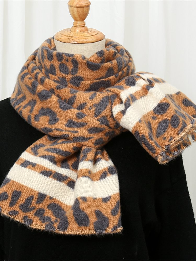 Vintage Striped Leopard Fuzzy Cozy Shawl