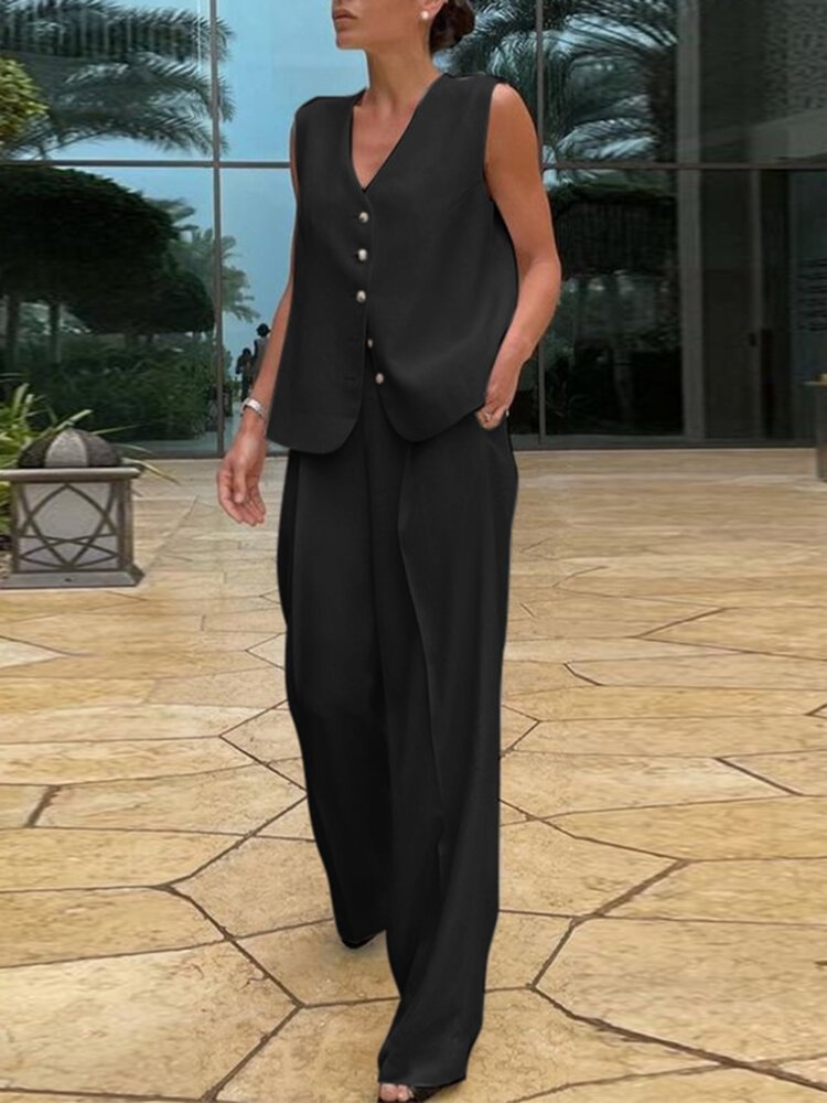 Solid Button Front Pocket Elastic Waist Two Pieces Suit - Life is Beautiful for You - SheChoic
