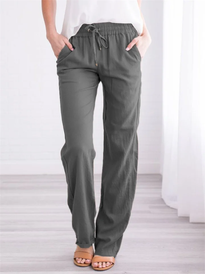 Summer Women's Solid Color Cotton Linen Drawstring Loose Casual Wide Leg Pants-JRSEE
