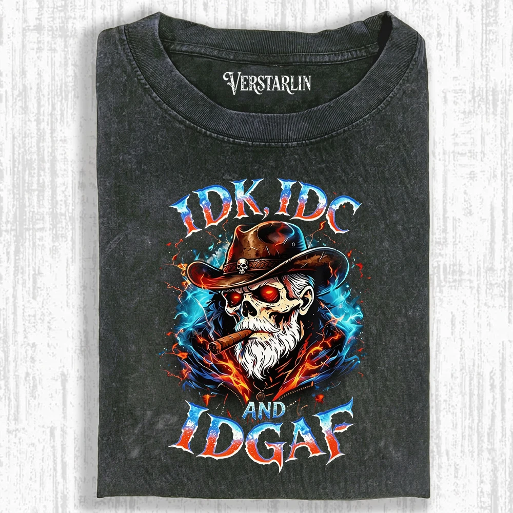 IDK IDC And IDGAF Western Cowboy Skull T-Shirt - Fire & Cigar Vintage Washed Tee