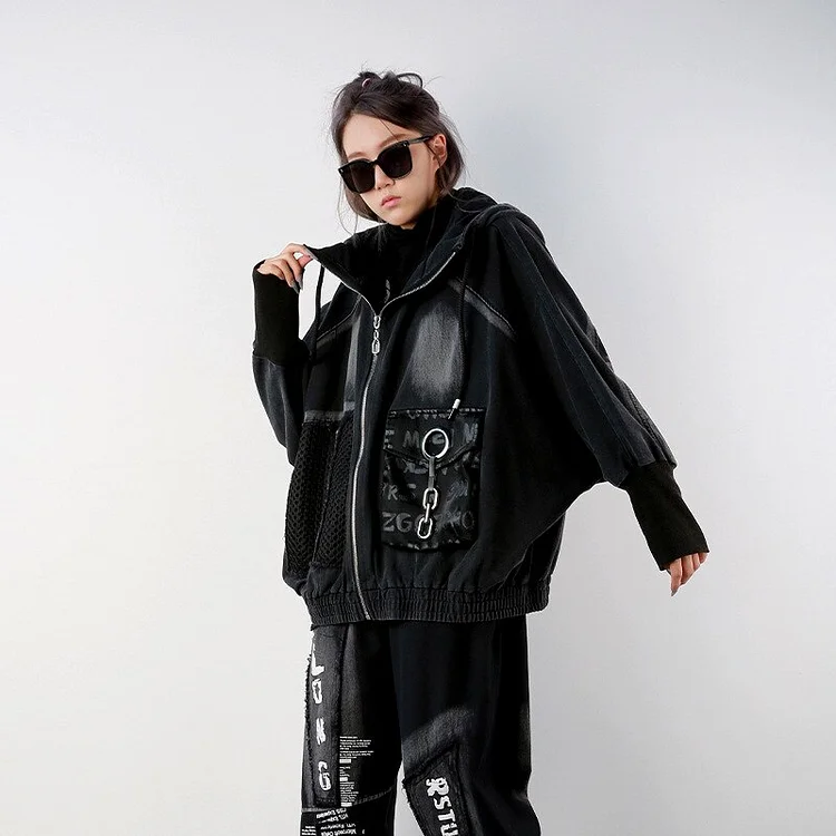 Fashion Hooded Letter Printed Pactwhrok Long Sleeve Splicing Different Pocket Zip-up Denim Jacket