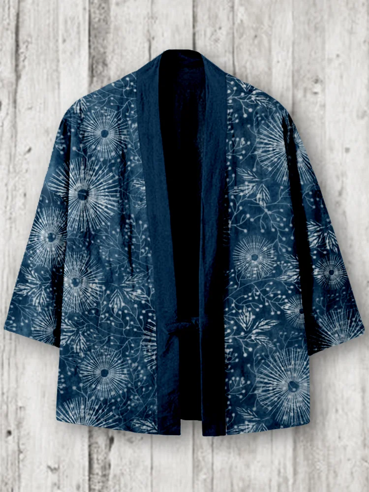 Comstylish Japanese Shibori Art Dandelion Pattern Linen Blend Kimono Cardigan