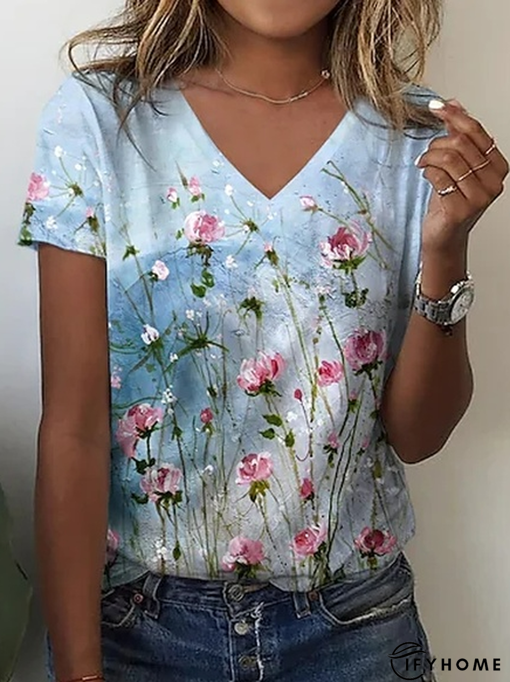 Floral Cotton-Blend V Neck Casual T-Shirt | IFYHOME