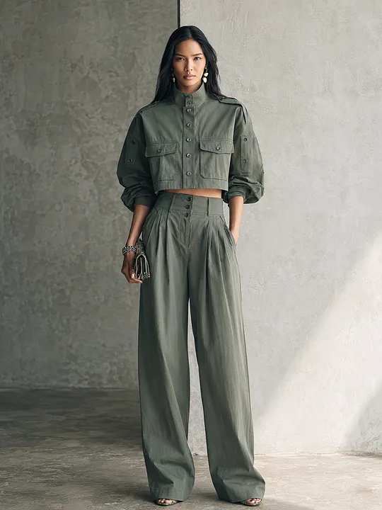 Women's Utility Olive Green Cotton Blend Cropped Jacket Pleated Wide-Leg Pants Set MD