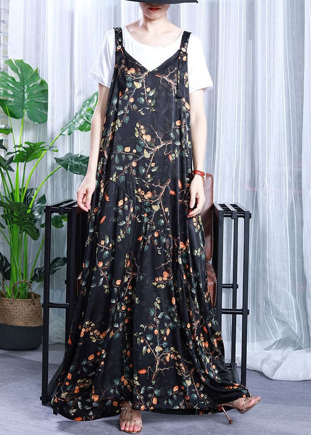 Natural Green V Neck Print Silk Overalls Jumpsuit