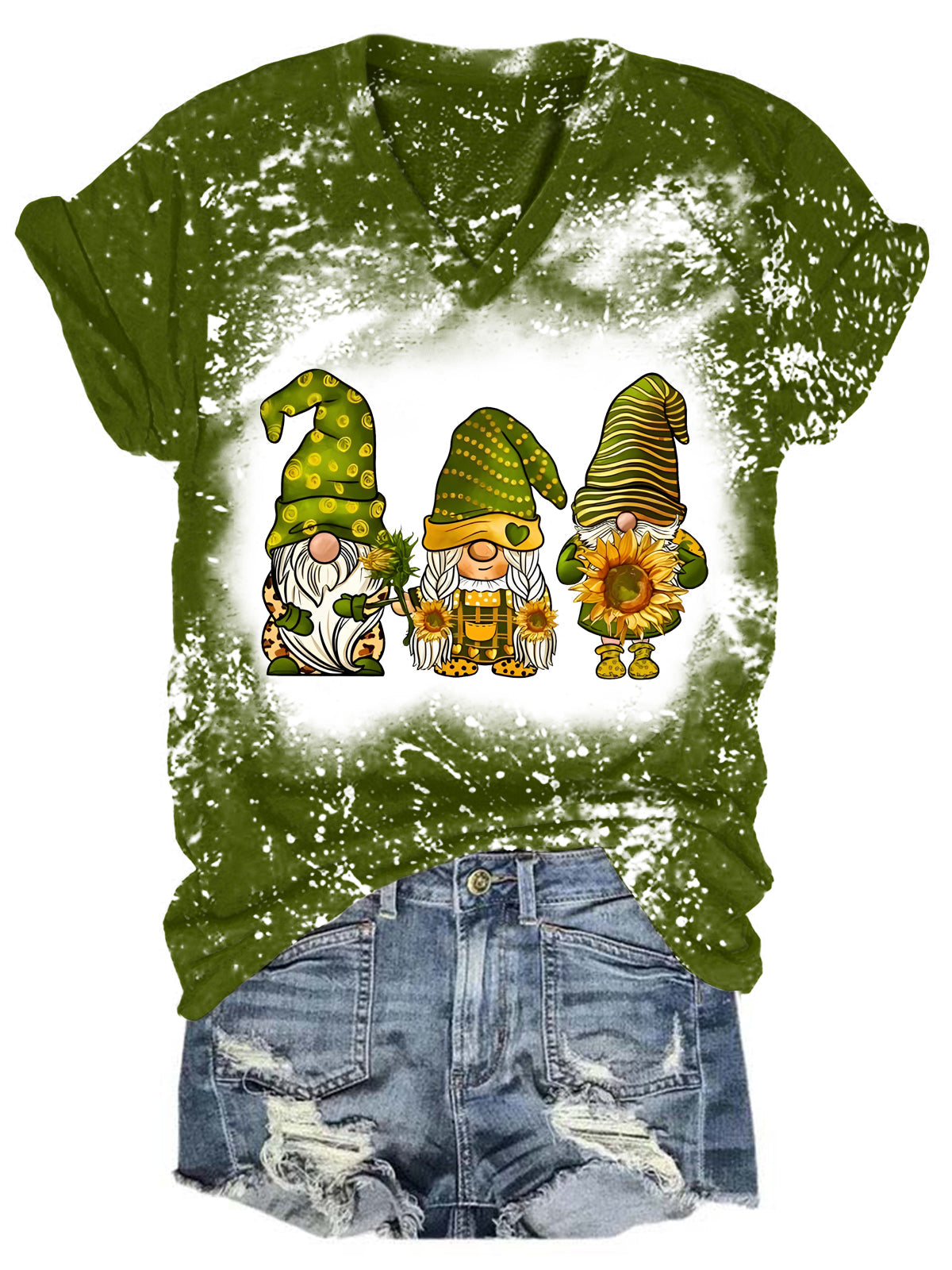Sunflower Garden Gnomes Bleaching V Neck Tshirt