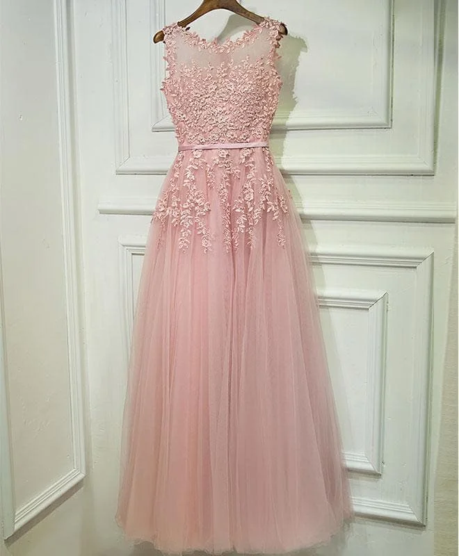 Pink Lace Tulle Long A Line Prom Dress, Pink Evening Dress