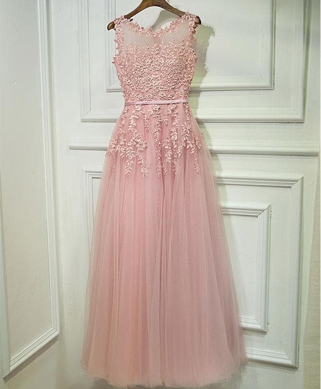 Pink Lace Tulle Long A Line Prom Dress, Pink Evening Dress