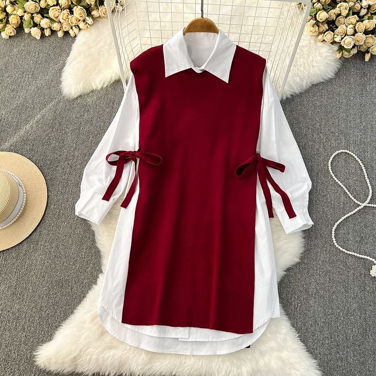 Set: Long Sleeve Oversized Shirt + Bow Detail Oversized Knit Vest KU5