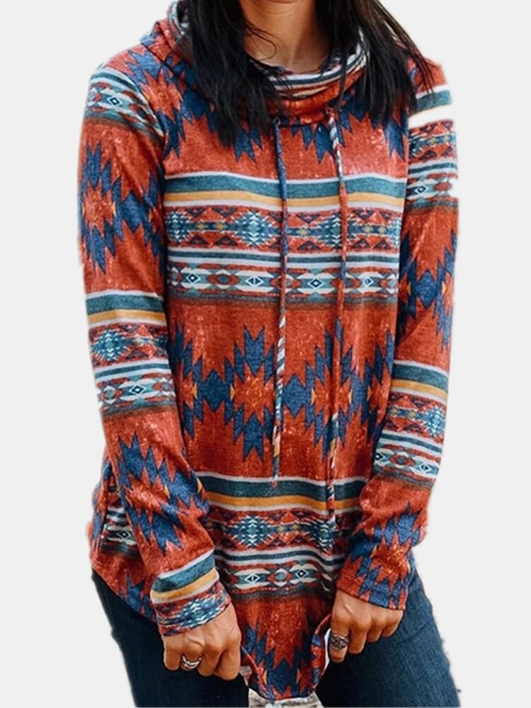 Vintage Ethnic Print Long Sleeve Heaps Collar T shirt For Women P1744612