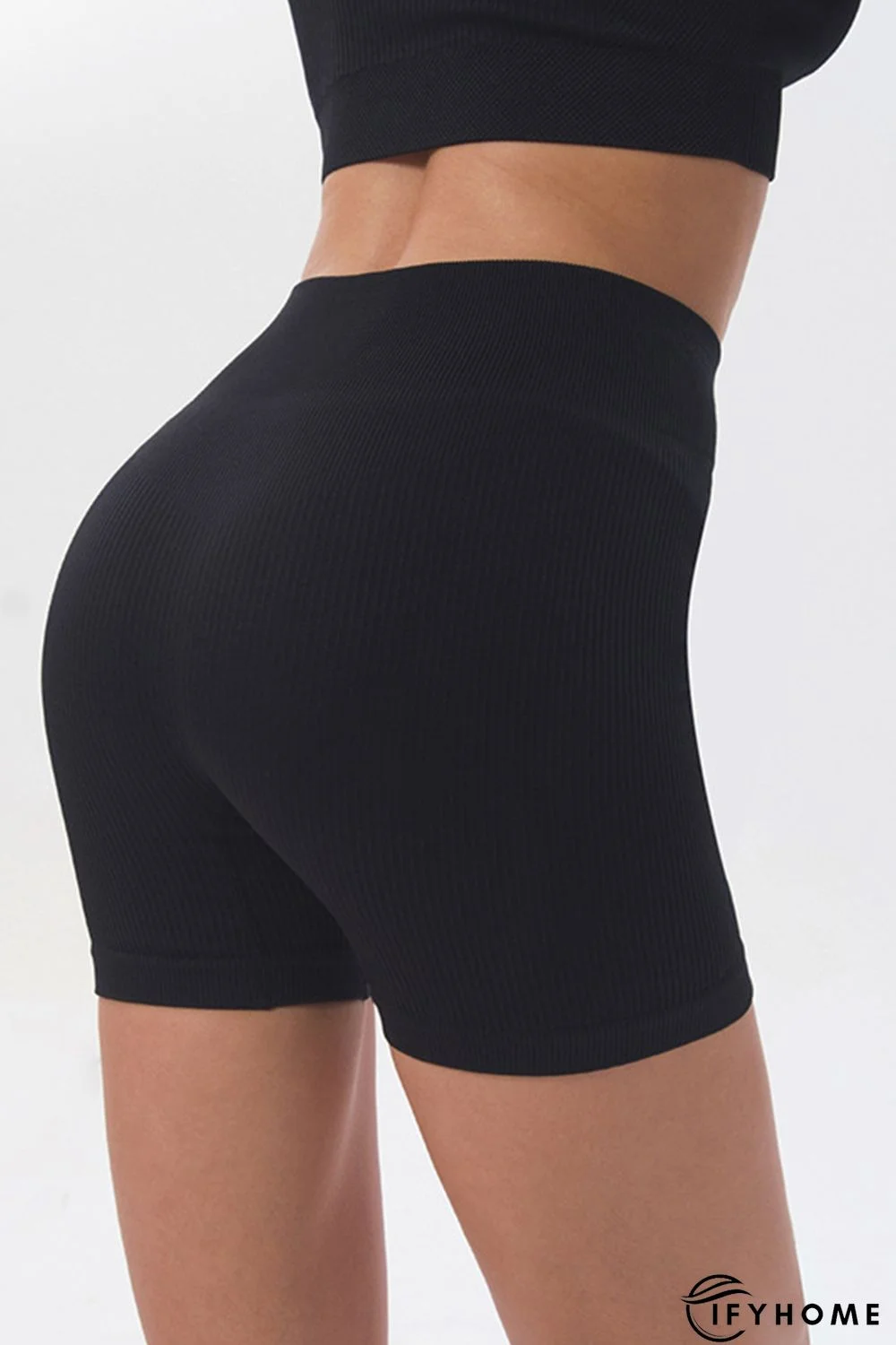 Black Solid Color High Waist Active Yoga Shorts | IFYHOME