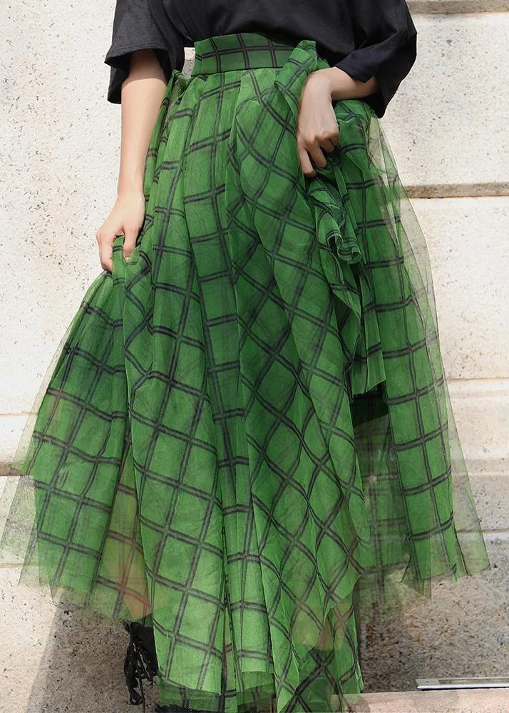 Boho Green Plaid tulle asymmetrical design Skirt Summer