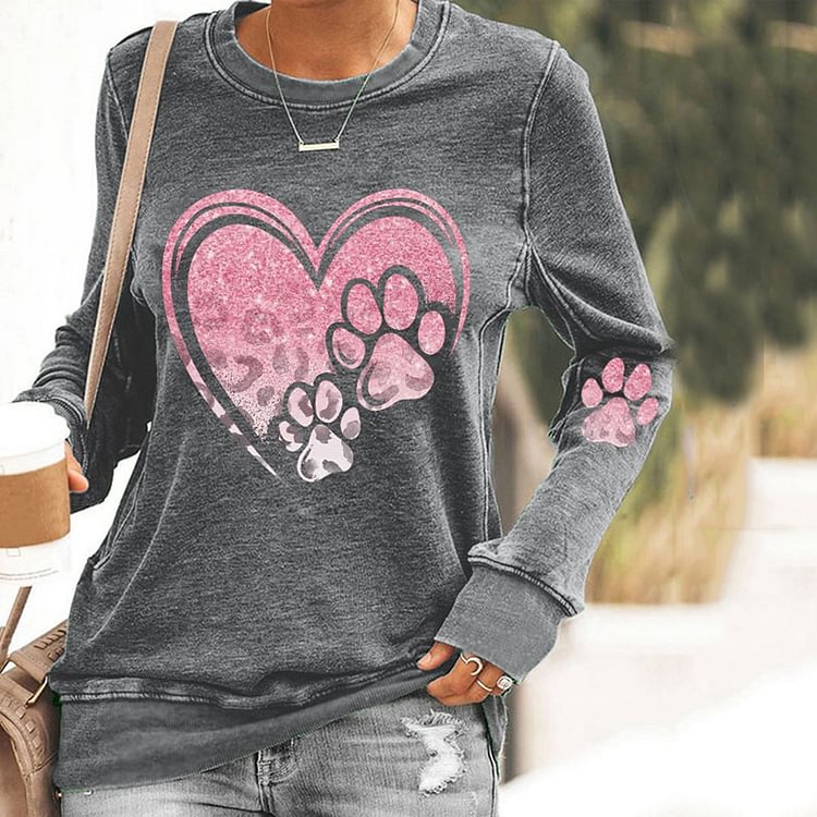 Comstylish Love Leopard Print Dog Paw Print Crew Neck Sweatshirt