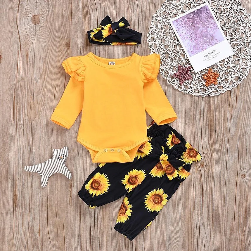 3PCS Sunflower Flutter Sleeve Baby Set