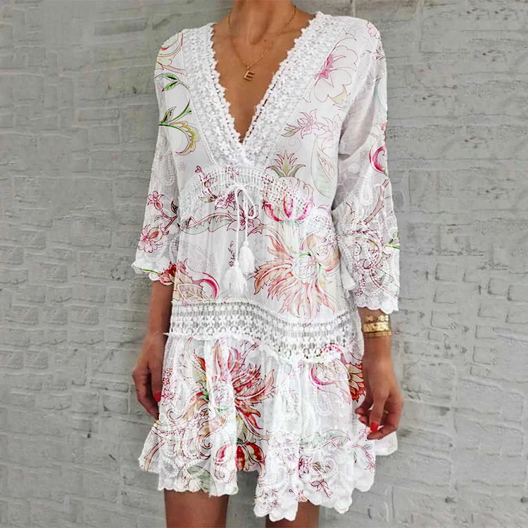 Printed 3/4 Sleeves Hollow-out Tunic Dress VangoghDress