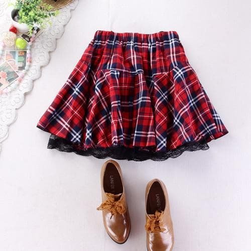 Fashion Plaid Pleated Lace Skirt S13167