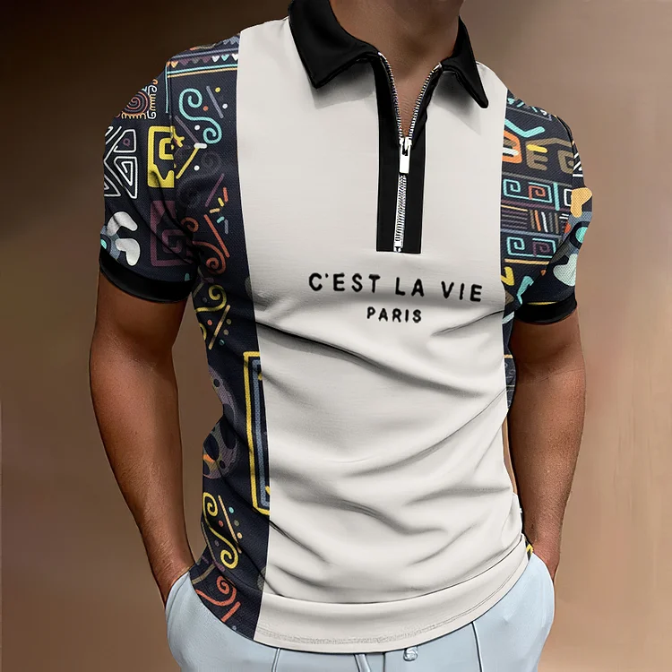 BrosWear Men's Ethnic Tribal Pattern C‘est La Vie Letter Polo Shirt