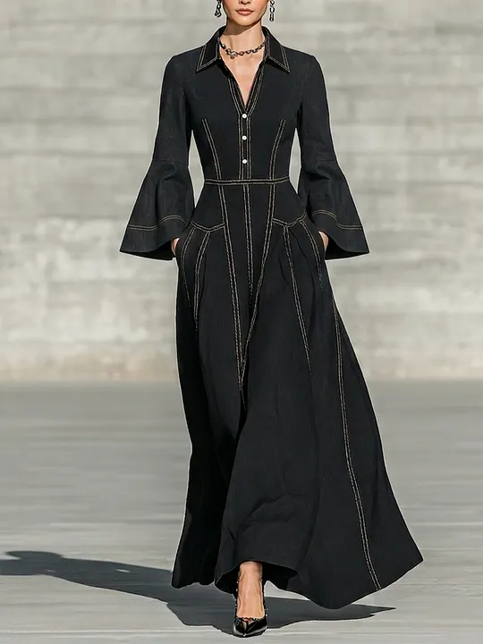 Women's Pocket Design Contrast Stitch Retro Lapel Long Sleeve Dress MD