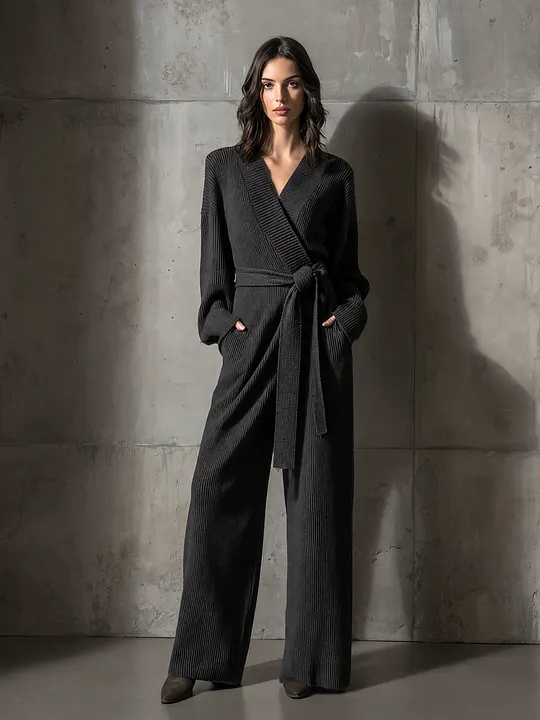 Women's Belted Wrap Solid Rib Knit Loungewear V Neck Wide Leg Jumpsuit MD