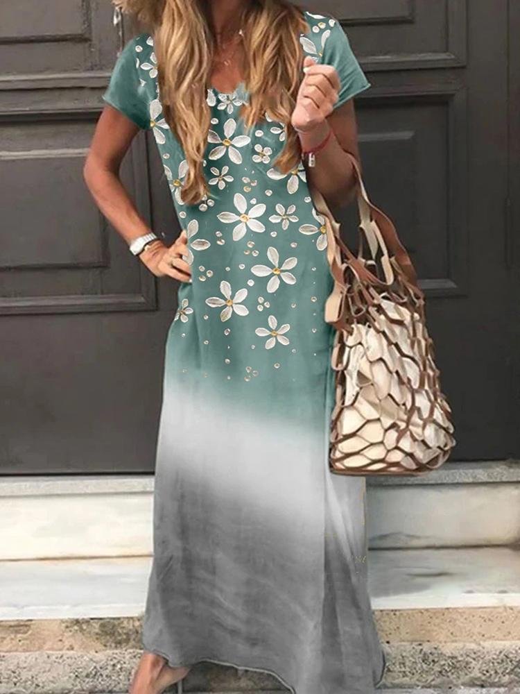 Women Short Sleeved Tie Dye Four Leaf Clover Print Long Dress P157882166