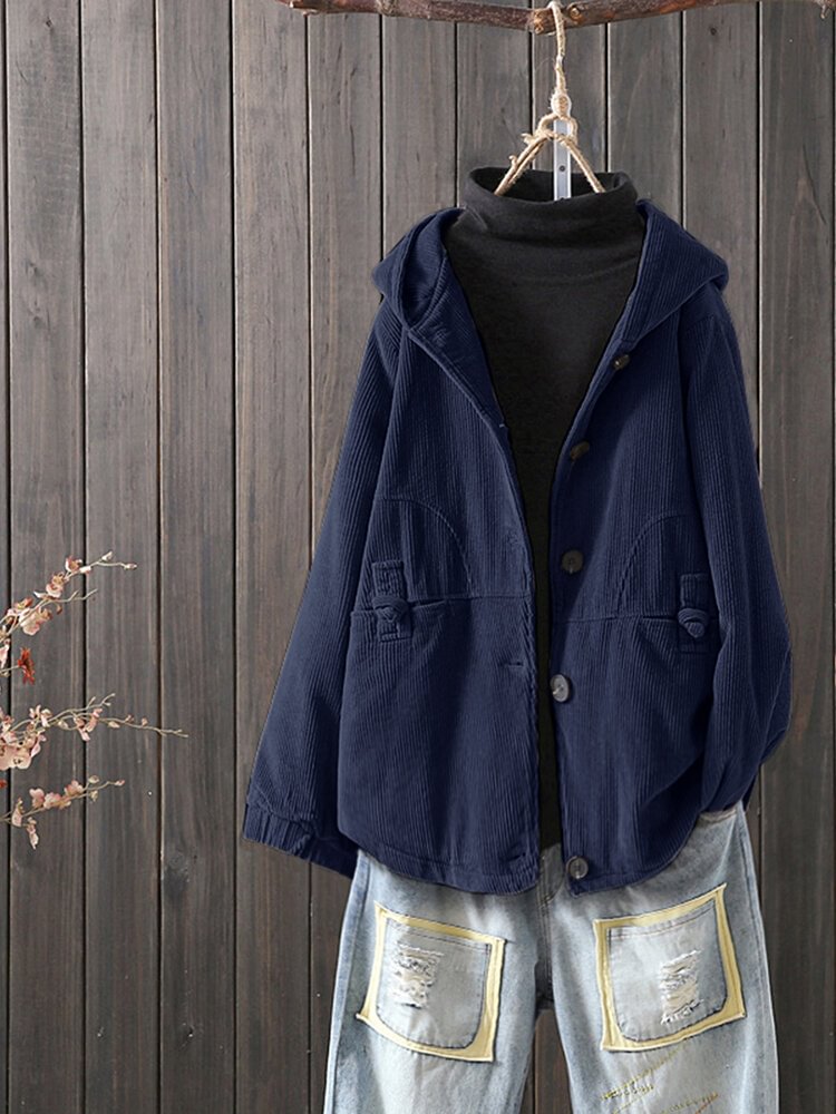 Vintage Corduroy Solid Color Patch Frog Button Hooded Coat - Life is Beautiful for You - SheChoic