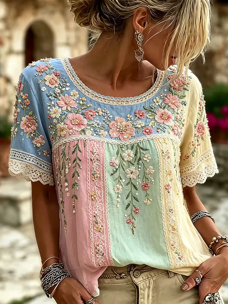 Women's Vintage Floral Vine 3d Art Embroidery Patchwork Cotton