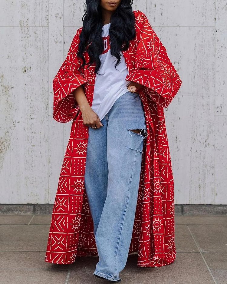 Bell Sleeve Graphic Print Longline Coat