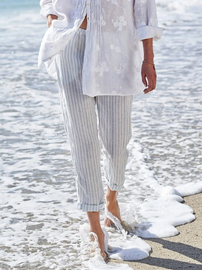 Cotton and Linen Striped Elastic Belt Casual Trousers