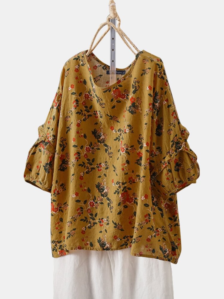Vintage Floral Print Half Sleeve O neck T shirt For Women P1805811