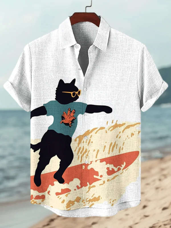 Men's Cat Surfing On The Sea Print Short Sleeve Shirt
