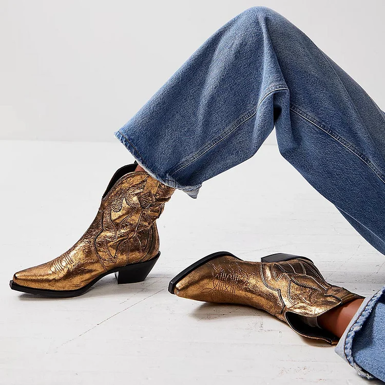 Gold Metallic Finish Pointed Toe Booties Embroidered Cowgirl Boots |FSJ Shoes
