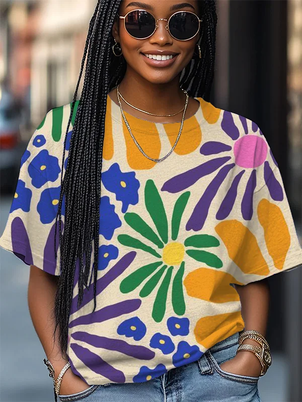 Women's Colorful Flowers Pattern Print Casual T-Shirt
