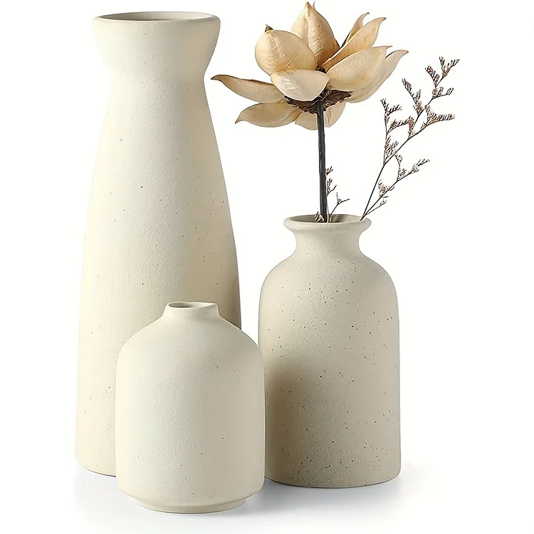 Ceramic Vase Set Of 3, Flower Vases For Rustic Home Decor, Modern Farmhouse Decor, Living Room Decor, Shelf Decor, Table Decor, Bookshelf, Mantel And Entryway Decor - Beige/White
