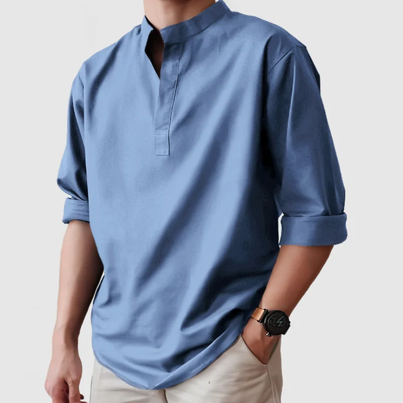 Gentleman's Cotton Linen Standing Collar Shirt