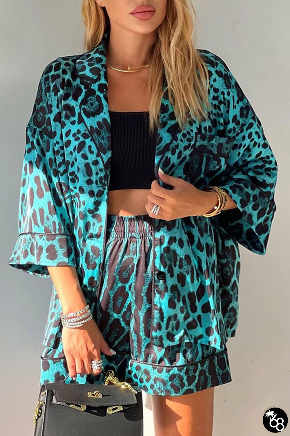 Casual Print Leopard Patchwork Turndown Collar Half Sleeve Two Pieces | 168DEAL