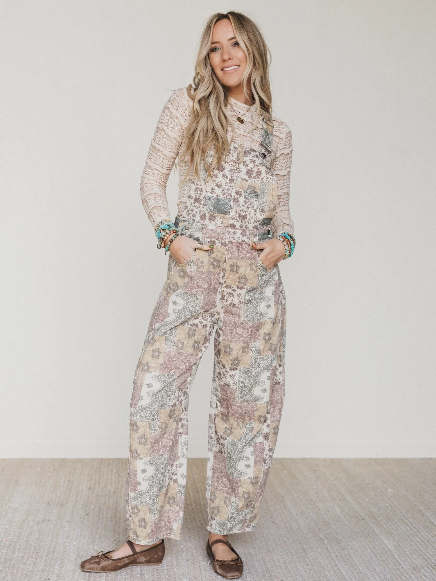 Vintage Boho Denim Overalls - Taupe Multi